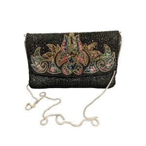 VTG Purse Women’s 1Size Small Beaded Evening Bag Silver Metal Mesh Strap Black